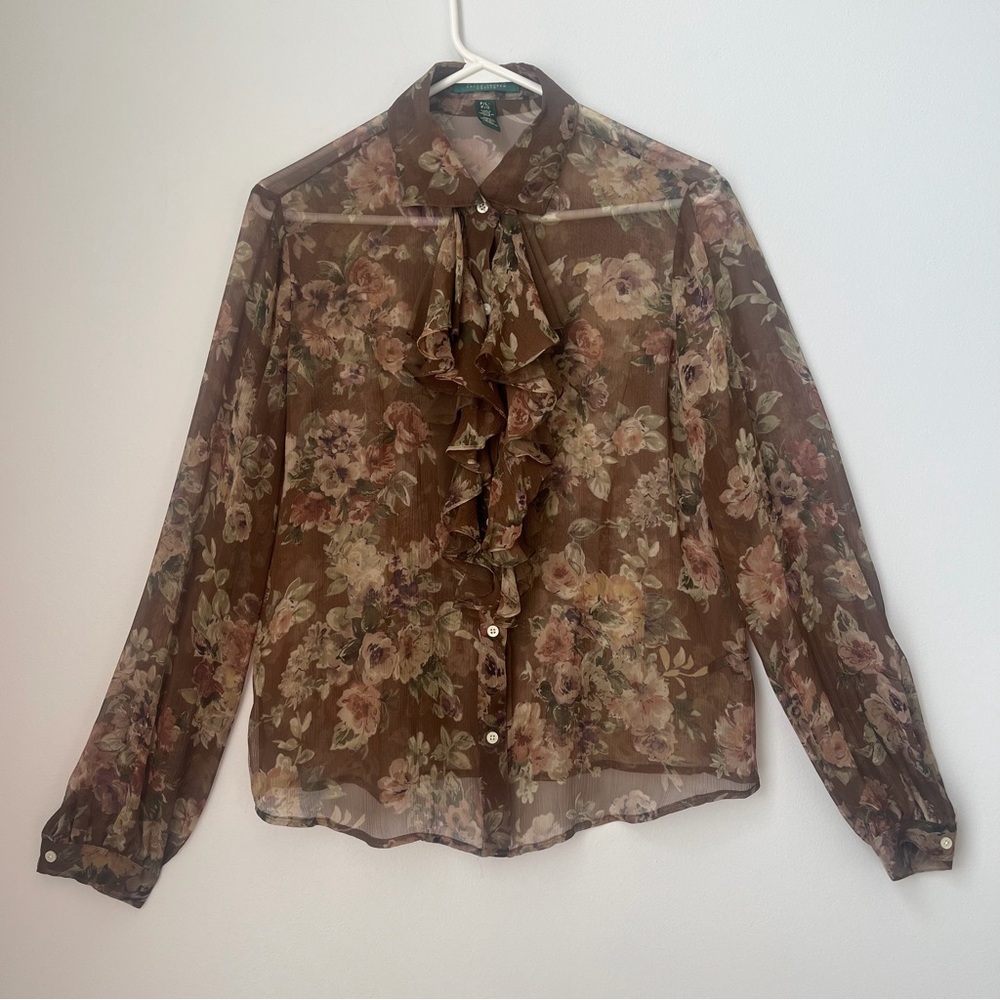 Lauren by Ralph Lauren Silk Floral Blouse Top Size Large Petite